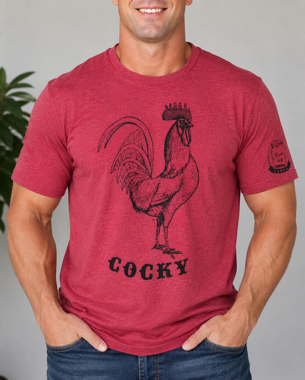 Mason Jar Label Cocky Rooster Graphic Tee Red Unisex 2XL NWOT